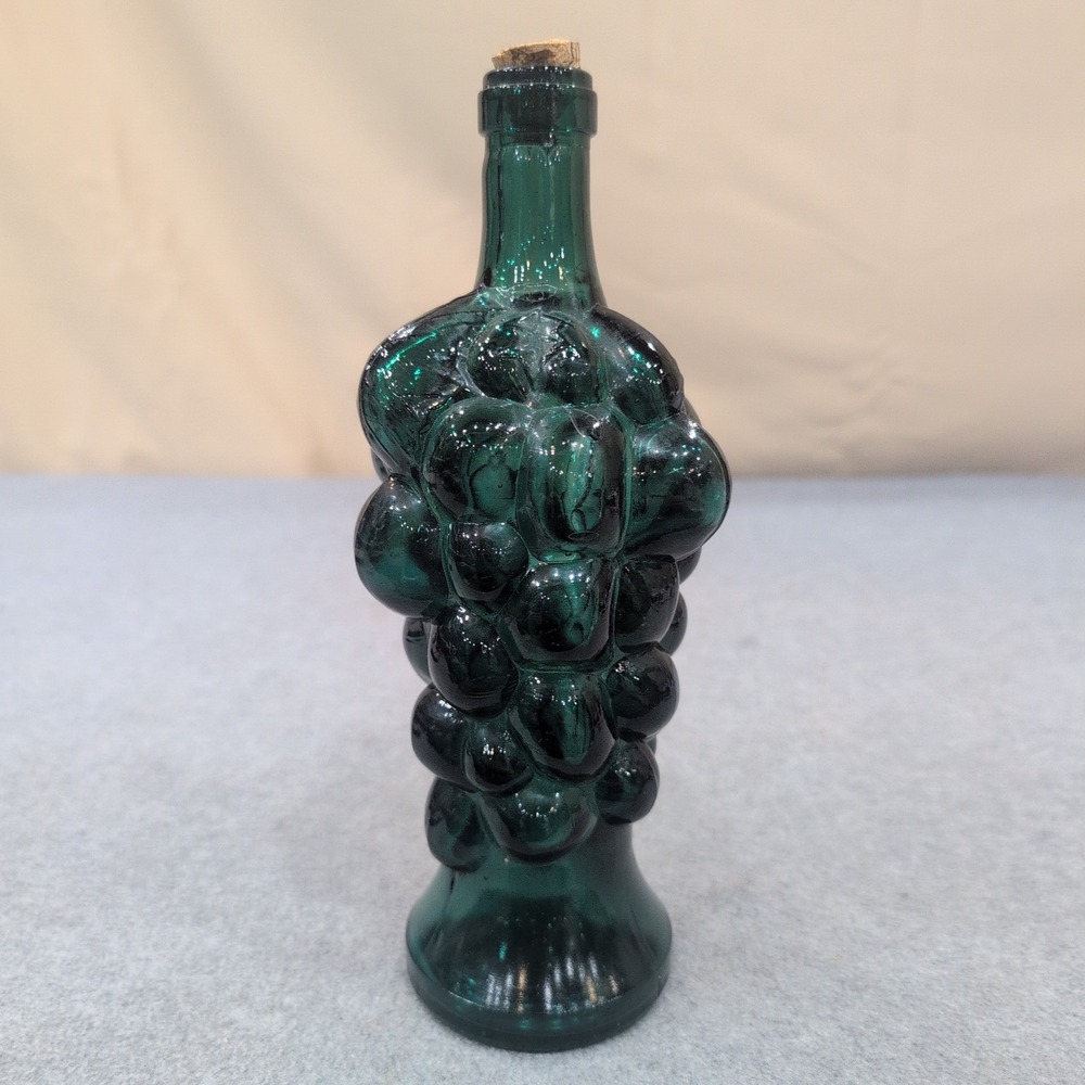 Vintage Teal Green Glass Grape Cluster Decorative Bottle with‎ Cork Stopper - Picture 2 of 5